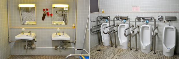 ▲ 장애인용 세면대(왼쪽)와 화장실(오른쪽). 장애인이 사용하는 시설인 만큼 장애인 중심의 설비가 돋보였다.