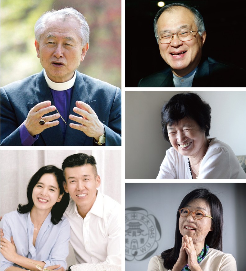 올해 창립 20주년을 맞은 푸르메재단과 함께해 온 주요 후원자들. 왼쪽 위에서부터 시계 방향으로 김성수 성공회 주교, 강지원 변호사, 박완서 작가, 이지선 이화여대 교수, 가수 션과 배우 정혜영 부부. [중앙포토]