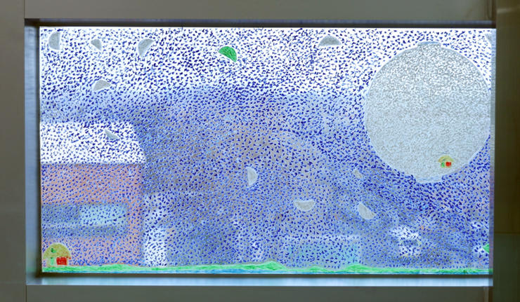 푸르메재단 유리창에 문형렬 작가가 그린 <집, 새, 화수분 달항아리>