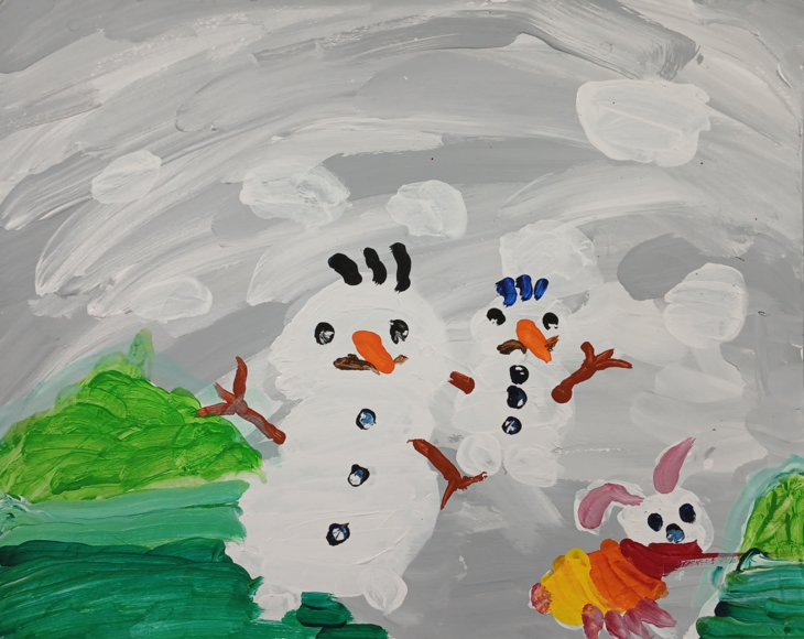 눈사람을 좋아하는 은영이가 자신과 친구들의 모습을 눈사람으로 표현한 그림