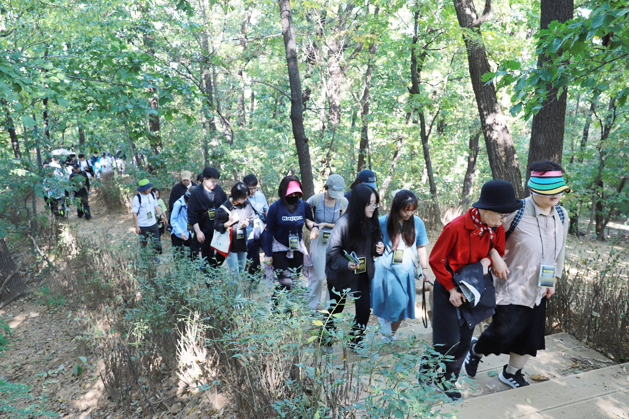 시각장애인 참가자들은 이날 비장애인 짝궁의 손이나 팔을 잡고 제법 험한 숲길도 거뜬히 걸었다
