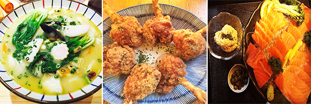 ▲ 다이쿠마에서 맛볼 수 있는 나가사키짬뽕탕, 닭봉가라아게, 생연어 사시미 (출처 : instagram.com/DAIKUMAIZAKAYA)